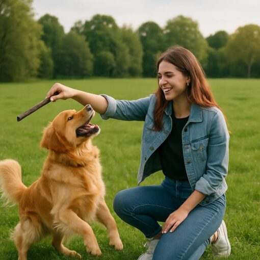 Un cane che gioca felice con la sua proprietaria