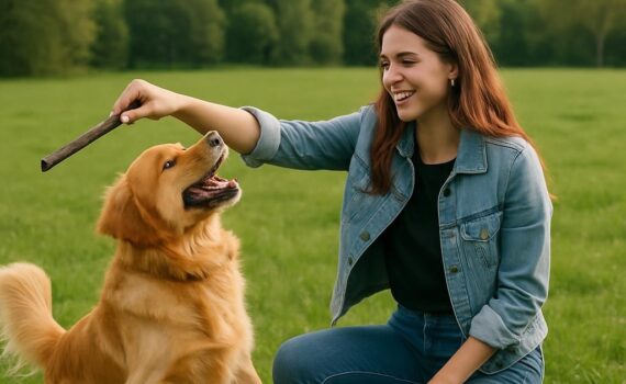 Un cane che gioca felice con la sua proprietaria