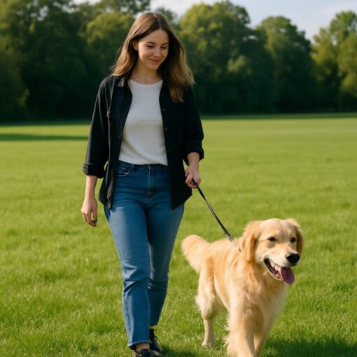 Un cane che passeggia tranquillo al guinzaglio con la sua proprietaria