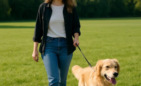 Un cane che passeggia tranquillo al guinzaglio con la sua proprietaria