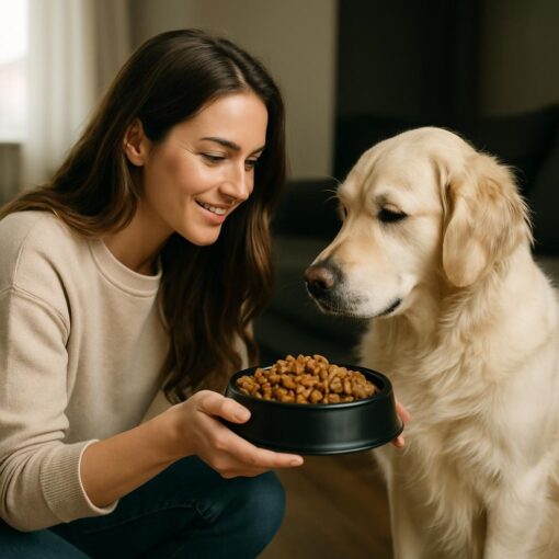 Una ragazza che dà da mangiare al proprio cane con una ciotola