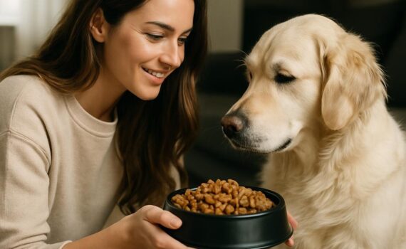 Una ragazza che dà da mangiare al proprio cane con una ciotola