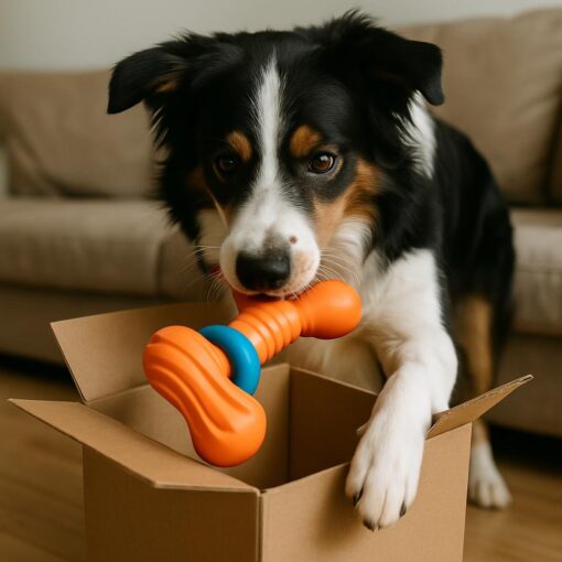 Un cane che prende il suo gioco preferito da una scatola di cartone