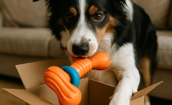 Un cane che prende il suo gioco preferito da una scatola di cartone