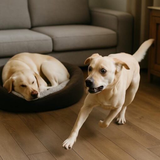 Un cane dorme sereno nella cuccia, mentre un altro cane corre per casa molto agitato