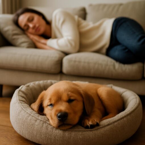 Cucciolo che dorme nella sua cuccia mentre la proprietaria riposa sul divano
