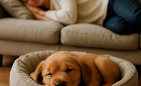 Cucciolo che dorme nella sua cuccia mentre la proprietaria riposa sul divano