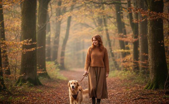 Cane che passeggia con la sua proprietaria